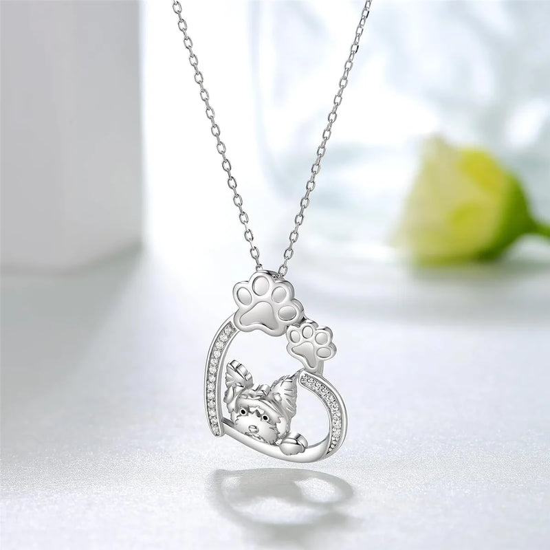 Creative Cute Dog Paw Heart Shaped Yorkshire Pendant Necklace for Women Fashion Animal Pet Jewelry Accessories Dog Lovers Gift