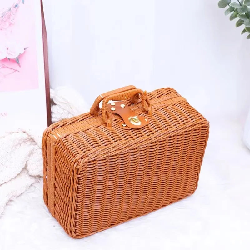 Retro PP Rattan Baskets Picnic Storage Basket Wicker Suitcase with Hand Gift Box Woven Cosmetic Storage Box Organization Storage