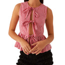 Stylish Halter Neck Crop Top Fashionable Sleeveless Checkered Blouse for Casual Outings and Nightlife Events