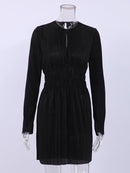 Mnealways18 Pleated Women High Waist Dress Long Sleeve Eyelet Elegant Dress Ladies Back Keyhole Spring 2023 Elastic Female Dress