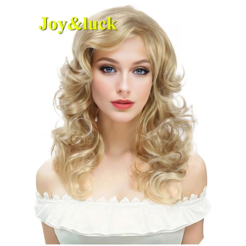 Joy&luck Short Curly Wig Synthetic Hair Wigs Gold Mix Blonde Color Women's Full Wig with Bangs Natural Daily Hair Style