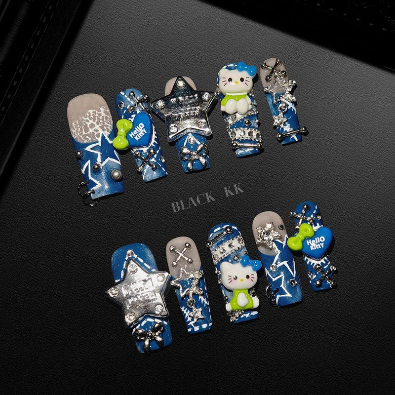 10Pcs Y2K Spicy Girl Long Coffin Handmade Press On Nails 3D Sanrio Hello Kitty Bear Pearl Diamond Pentagram Wearable False Nail
