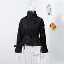 Fashion Stand Collar Short Jacket Women Long Puff Sleeve Single-breasted Pleated Women's Coat 2025 Autumn Lady Outwears Street