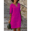 Cotton Linen Dress 3 Quarter Vintage Casual V Neck Loose Waist Midi Beach Dress Women Clothing Green Blue Yellow Robe