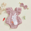 Adorable Infant Easter Jumpsuit with Bunny Embroidery Flutter Sleeves Square Neckline and Matching Bow Headband