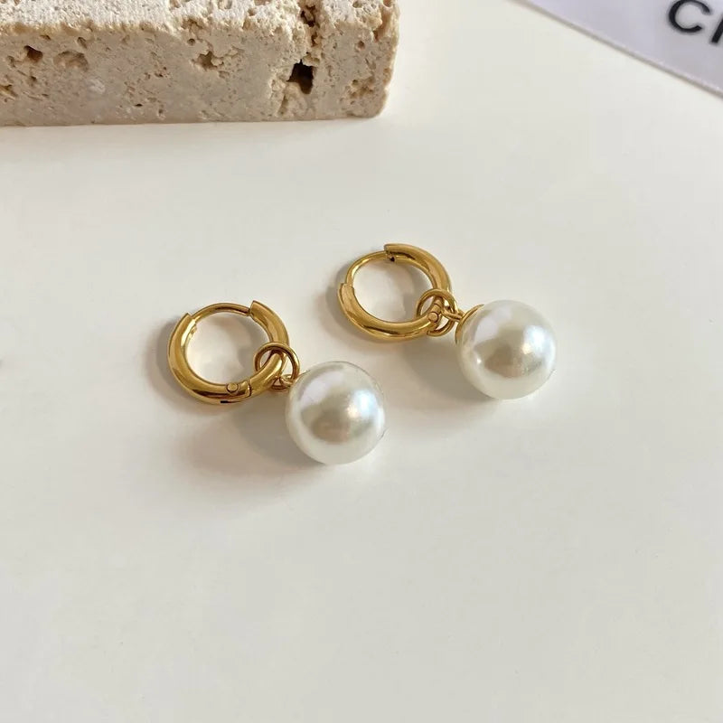Stainless Steel Fashion Pearl Drop Earrings Women's Round Hoop Earrings Wedding Jewelry Free Shipping