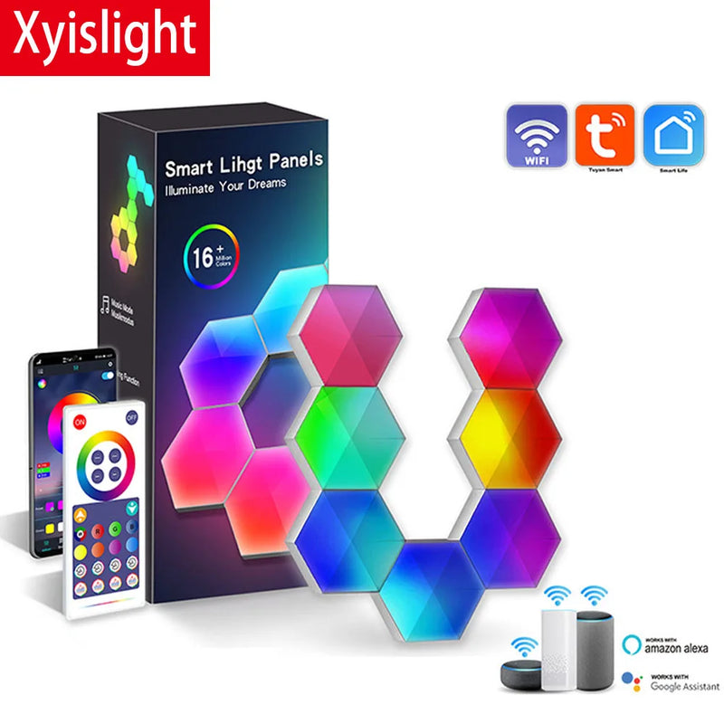 Tuya Quantum Lamp Smart APP WIFI Bluetooth Night Light LED Hexagon Panel Lamps Voice Control Induction Neon Light DIY Wall Light