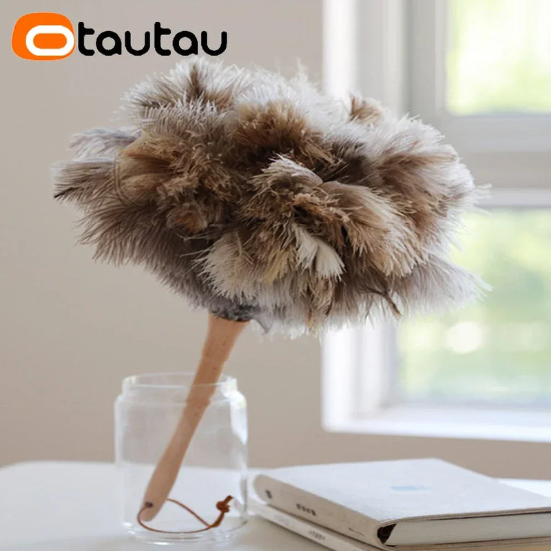 OTAUTAU 100% Real Ostrich Feather Duster Wood Handle Household Car Dust Brush Cleaner House Cleaning Tools DZ004