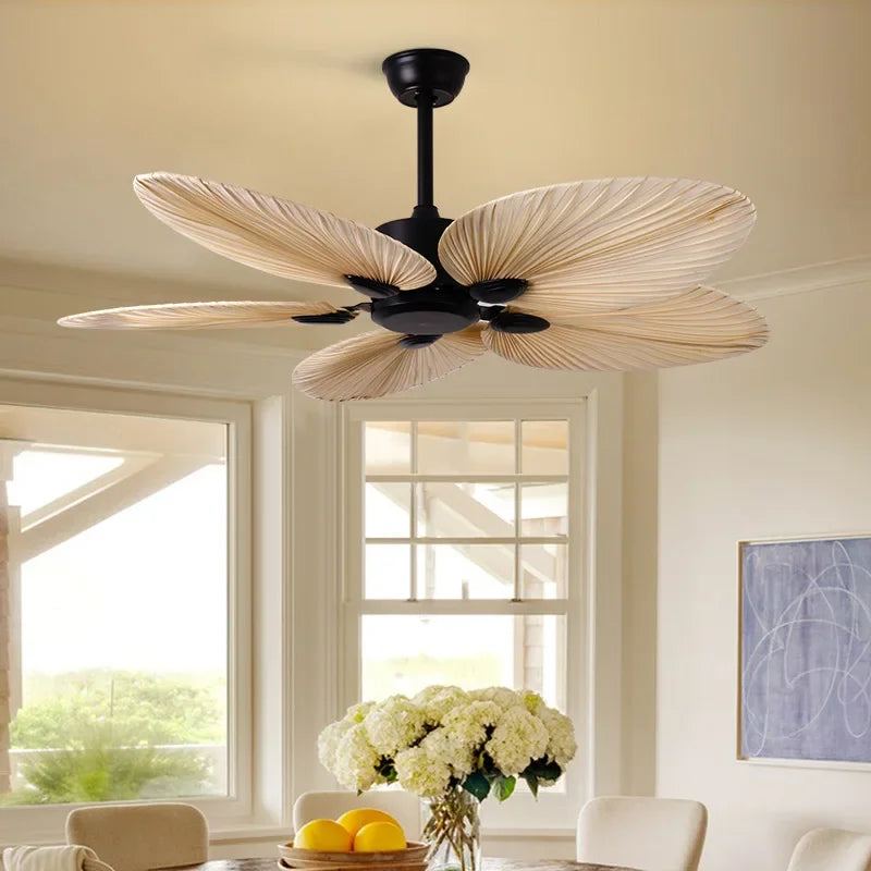 Southeast Asian high-quality fan light 52 inch palm leaf ceiling fan light restaurant remote control ceiling fan pendant light