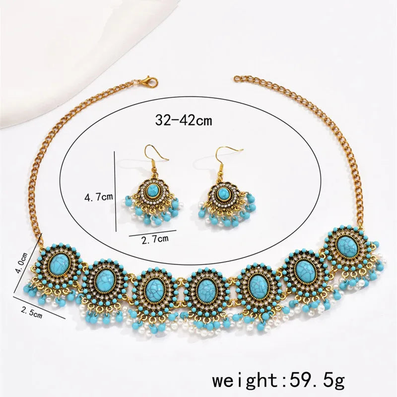 Vintage Jewelry Set Ethnic Inlaid Turquoise Stone Match Daily Outfits Party Accessories Women's Necklace Earrings Sets
