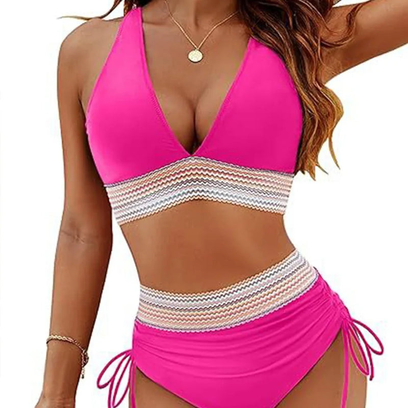 Solid Color Drawstring Bikini Set Fashion High Waist Separate Patchwork Swimwear Drawstring Women Swimsuit Women