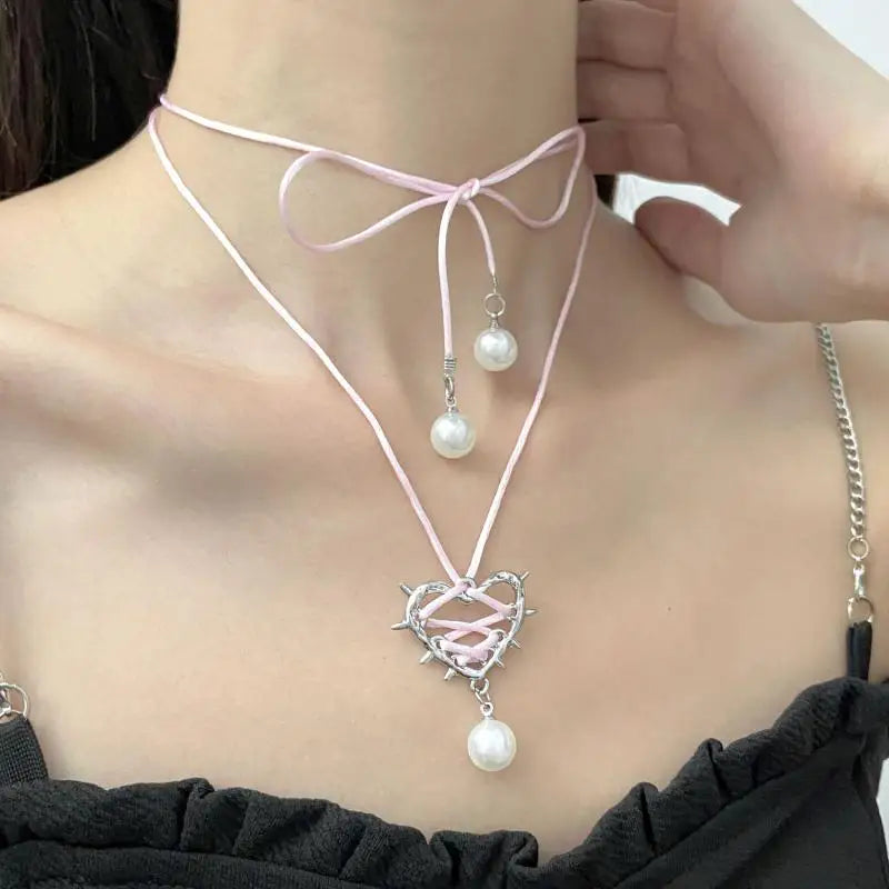 Exaggeration Retro Elegant Trendy Pink Black Bow Tie Love Metal Heart Necklace Ribbon Pearl Pendant Necklace for Women Jewelry