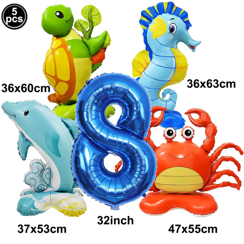 5pcs Cute Sea Animal Balloons Include Crab Seahorse Dolphin Turtle Shape Balloon Under The Sea Party Decors for 1st Birthday