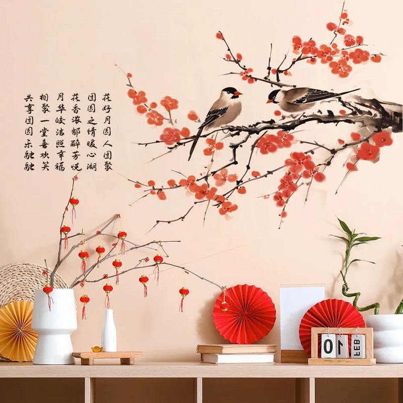 Chinese Style Plum Blossom Birds Wall Stickers Living Room Background Decor Decals Bedroom Home Decoration Self-adhesive Mural