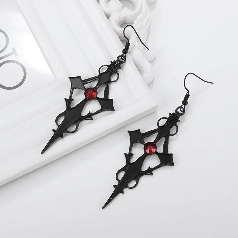 Vintage Black Pointed Cross Dagger Vampire Pendant Necklace Earrings Ladies Alternative Gothic Punk Halloween Jewelry Set