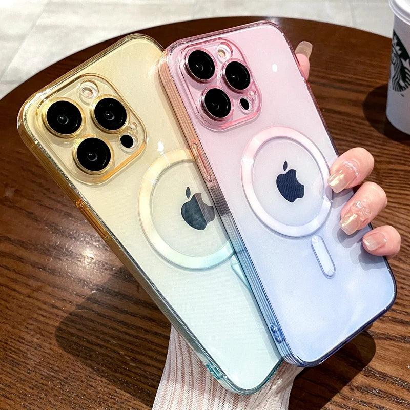 Luxury Gradient Pattern Wireless Charge Magsafe Case For iPhone 11 12 13 14 15 Pro Max Plus Soft Transparent Magnetic Cover