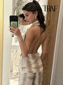 TRAF Women Fashion Casual Backless Tie-Dye Top Set Vintage Neck Tie-Dye V-Neck Top Elegant Drawstring High-Waisted Wide-Leg Pant