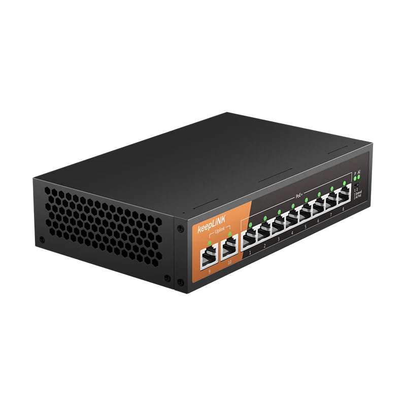 KeepLiNK 10-Port Gigabit Ethernet Switch with 8-PoE Ports and 2-RJ45 Copper Uplink Plug and Play