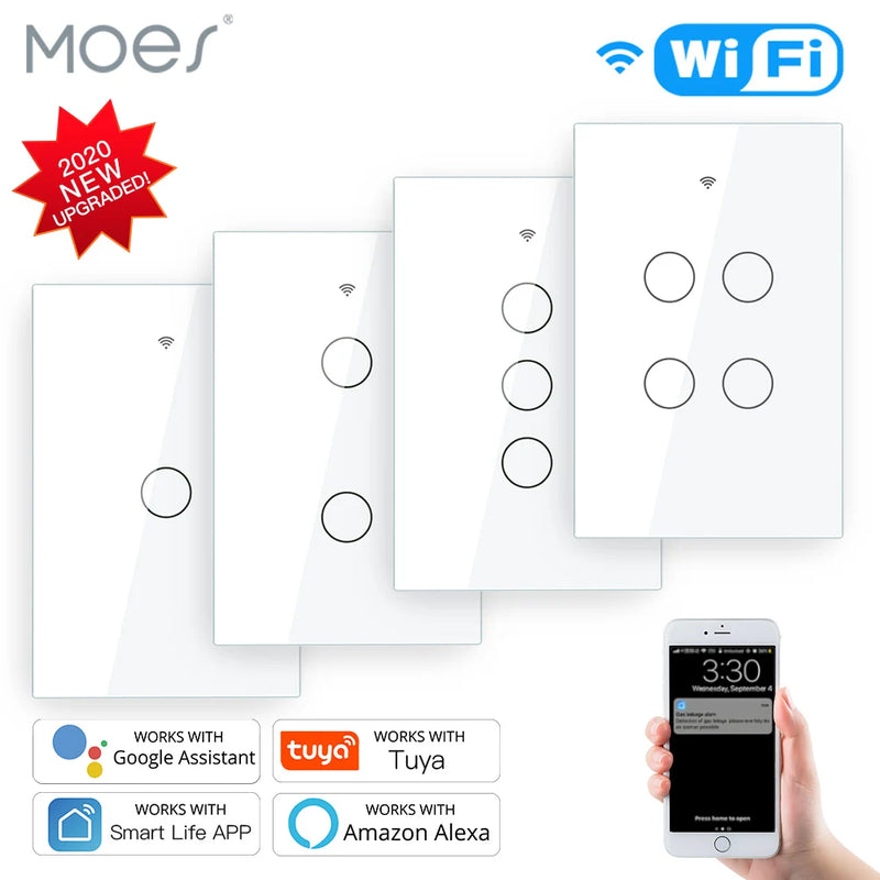 MOES Smart Glass Panel Switch Smart Life/Tuya App Multi-Control Association, Voice Control with Alexa,Google Home,1/2/3/4 Gang