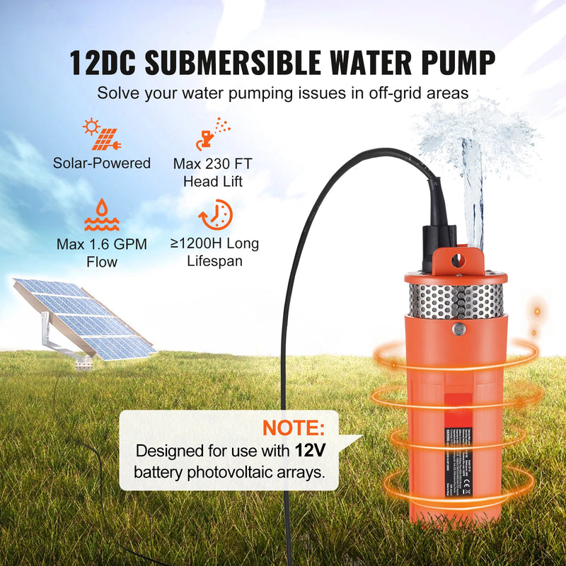 SucceBuy Solar Water Pump 1.6/3.2 GPM 12V-14.8V / 9.25 GPM 24V-42V / 8.4 GPM 48V-82V Submersible Deep Well Pump Irrigation Use