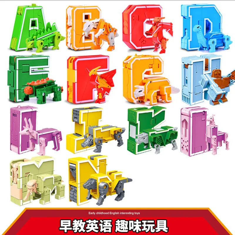 26 GUDI English Letter Learn A-Z Alphabet Transformation Robot Dinosaur Deformation Animal Action Figures  Building Block Toys