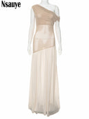 Nsauye Sexy Mesh Evening Party Night Club Party Elegant Long Dress Maxi New Fashion Holiday Pleated Dress Summer Outfits 2024