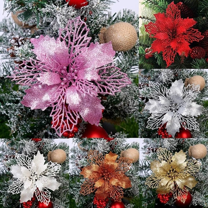 5/10Pcs 9CM Christmas Decoration Artificial Flowers Xma Tree Pendant Ornaments Home Decor Navidad New Year 2025 Party Supplies