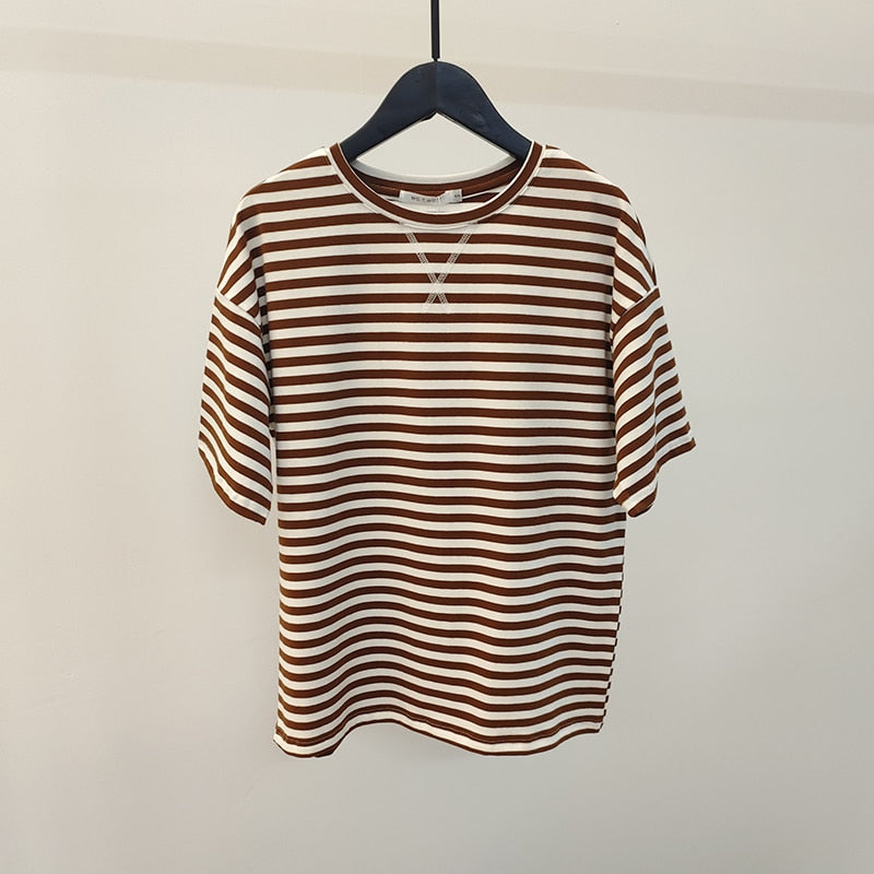 WOTWOY Summer Short Sleeve Striped T-Shirts Women Knitted Basic Casual Tops Female Cozy Loose Cotton Tees 2023 Harajuku Shirt