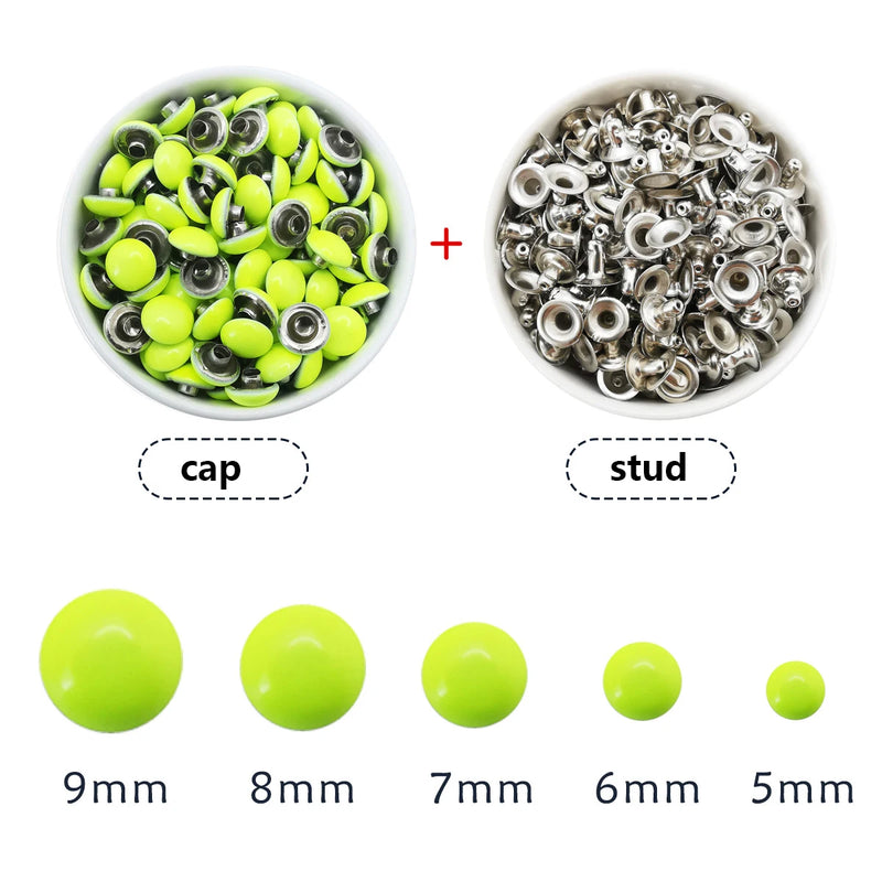 100sets Dome Cap Rivets 14 Colors Metal Studs Round Rivet for Leather Craft Bag Belt Clothing Garment Shoes Collar Parts