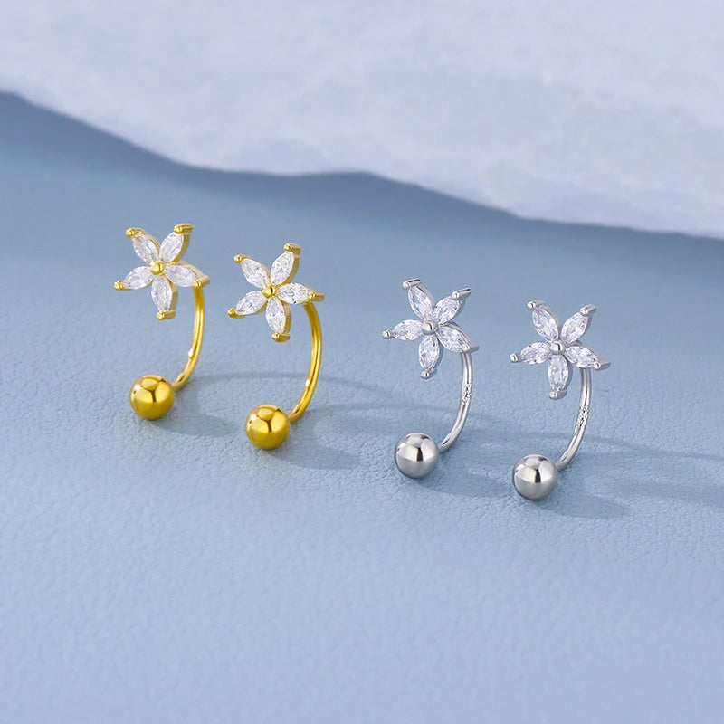 2PCS Zircons Flower Minimal Piercing Stud Earrings For Women Tiny Stainless Steel Punk Hip-Hop Ear Studs Wedding Party Jewelry