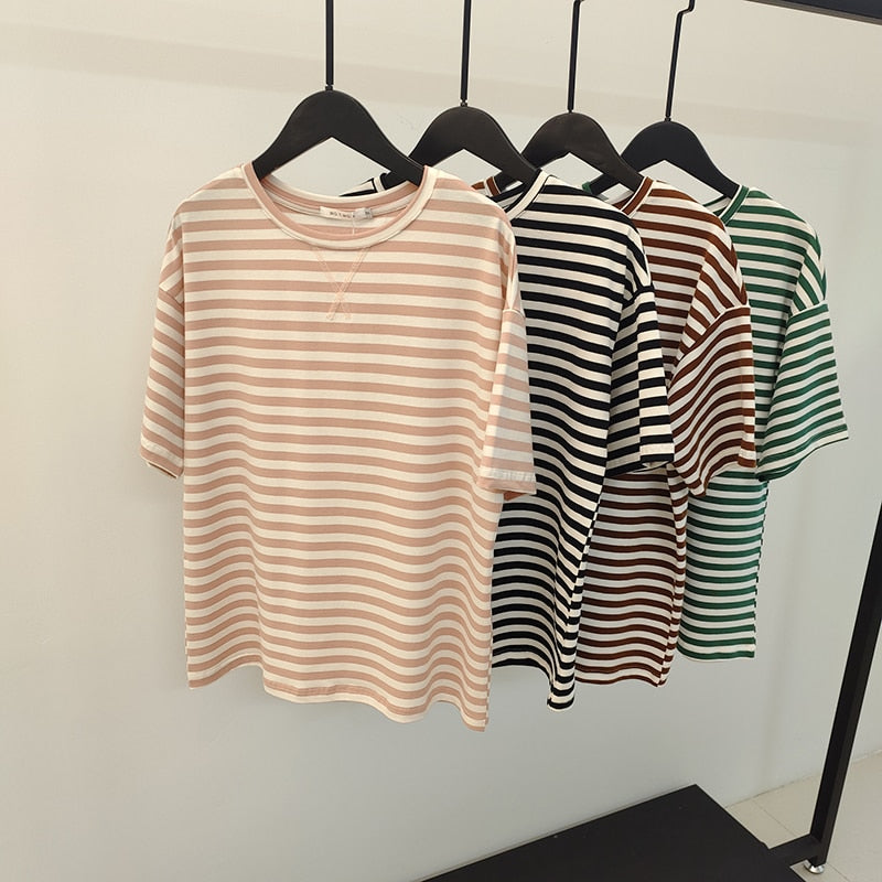 WOTWOY Summer Short Sleeve Striped T-Shirts Women Knitted Basic Casual Tops Female Cozy Loose Cotton Tees 2023 Harajuku Shirt