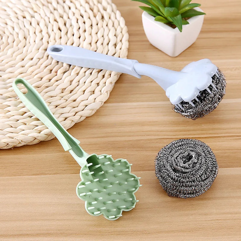 Stainless Steel Wire Ball Brush Long Handle Hanging Cleaning Brush Pan Kitchen Dish Handle Washing Tool Kitchen Cutlery Cleaner