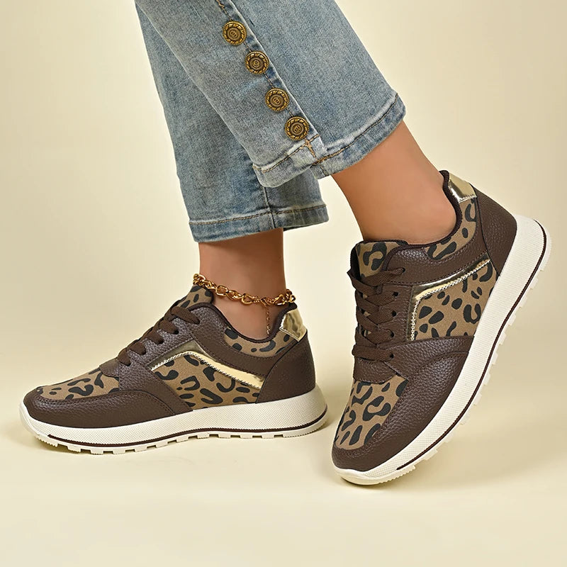 2025 Spring Leopard Print Platform Sneakers Women Black Thick Bottom Vulcanized Shoes Woman Cozy Lace Up Wedge Sport Shoes Woman