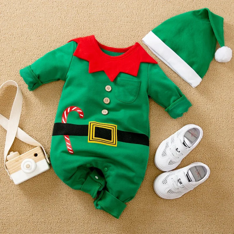 Toddler Boys Girls Rompers Kids Baby New year Costume Christmas Claus Red Jumpsuits + Hats 2pcs Cotton Outfits For Newborn 0-24M