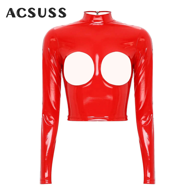 Womens Glossy PVC Leather Crop Top Sexy Mock Neck Long Sleeve Exposed Breast Back Zipper Bodycon Erotic Tops Party Clubwear