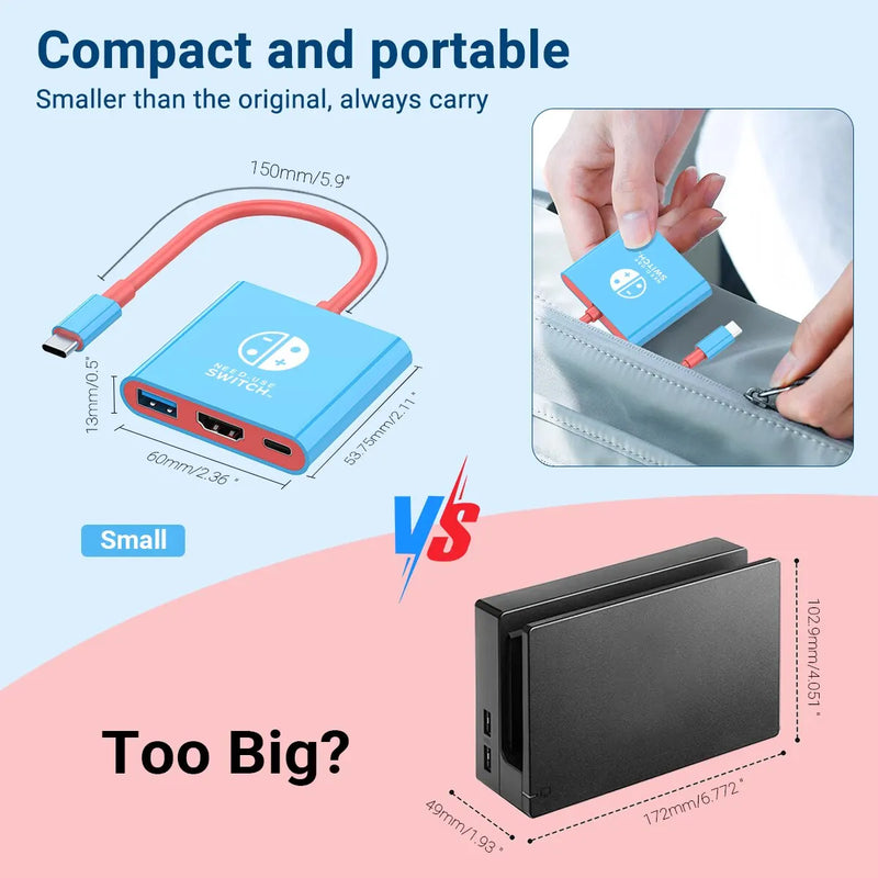 Portable Nintendo Switch Docking Station TYPE-C Hub with HDMI and USB 3.0 Perfect for Travel and Gaming