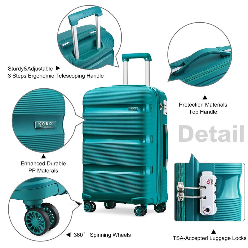 Kono Large Suitcase Hard Shell Travel Trolley 4 Spinner Wheels Lightweight Polypropylene Check in Luggage with TSA Lock