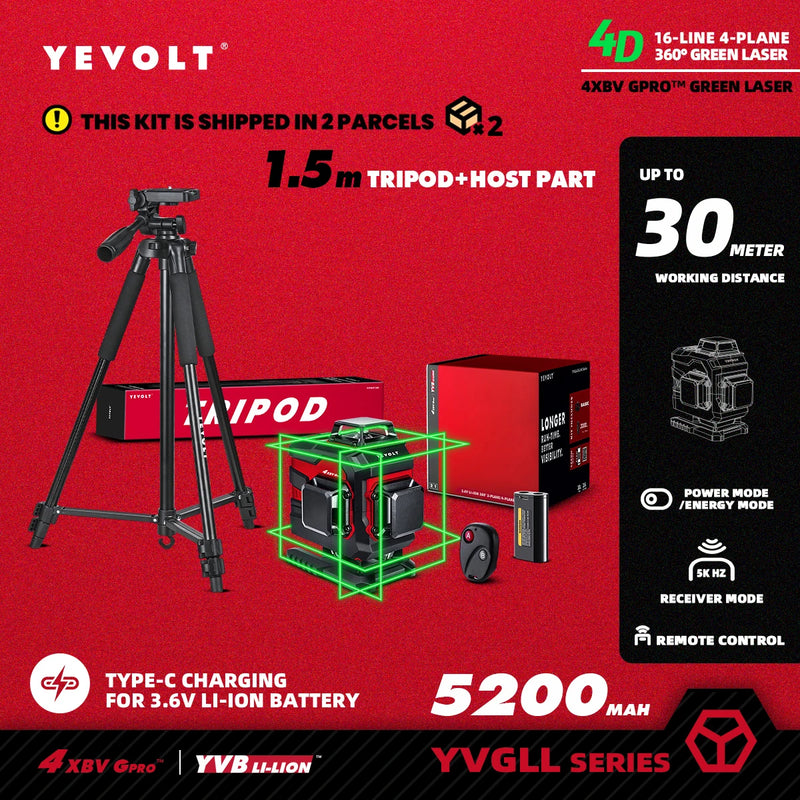 YEVOLT Laser Level Green Beam 4-Plane 16-Line Self-leveling 360 3D Ground-Hugging Horizontal & Vertical Tile Measuring Tools