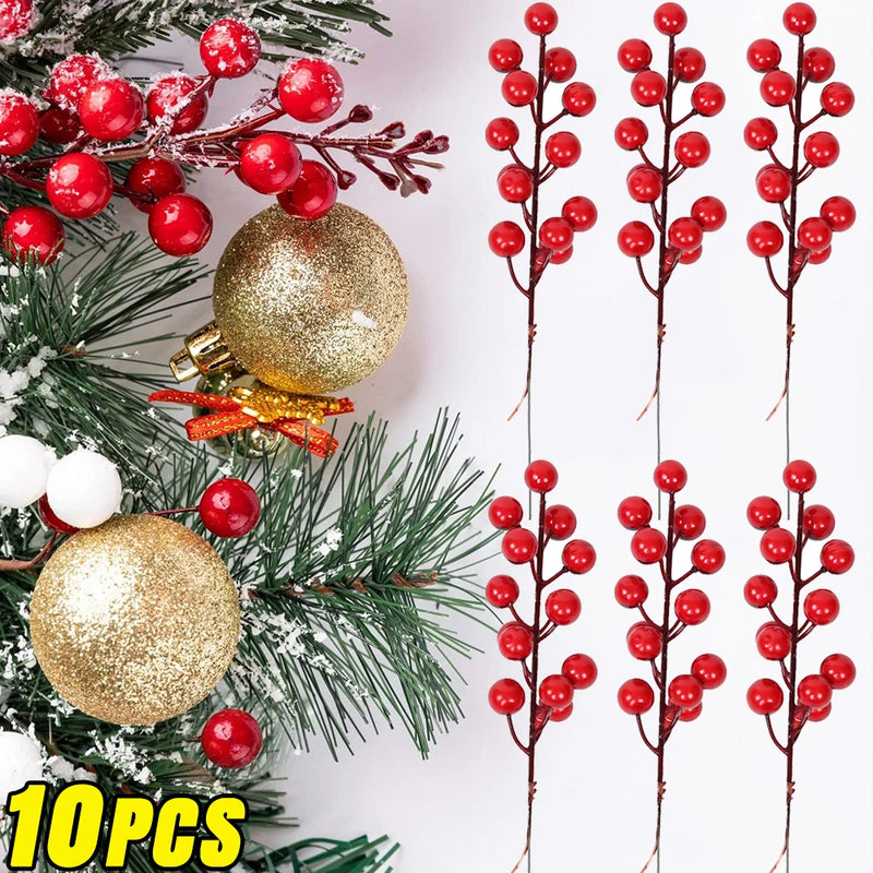 10/1Pcs Artificial Red Berries Stems Plastic Christmas Holly Berries Branches DIY Xmas Tree Ornaments New Year Party Decor Gifts