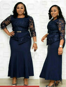 4XL 5XL Plus Size Christmas Dresses Women O Neck 3/4 Sleeve Long Maxi Dress Fashion Lace Patchwork Night Party Dress Vestidos