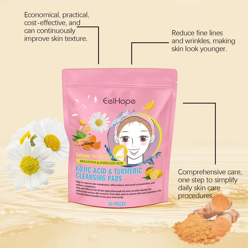 40PCS Turmeric Kojic Acid Cleansing Pads Exfoliating Pad Reduce Acne Brighten Skin Face Washing Tool Facial Cleanser Sponges
