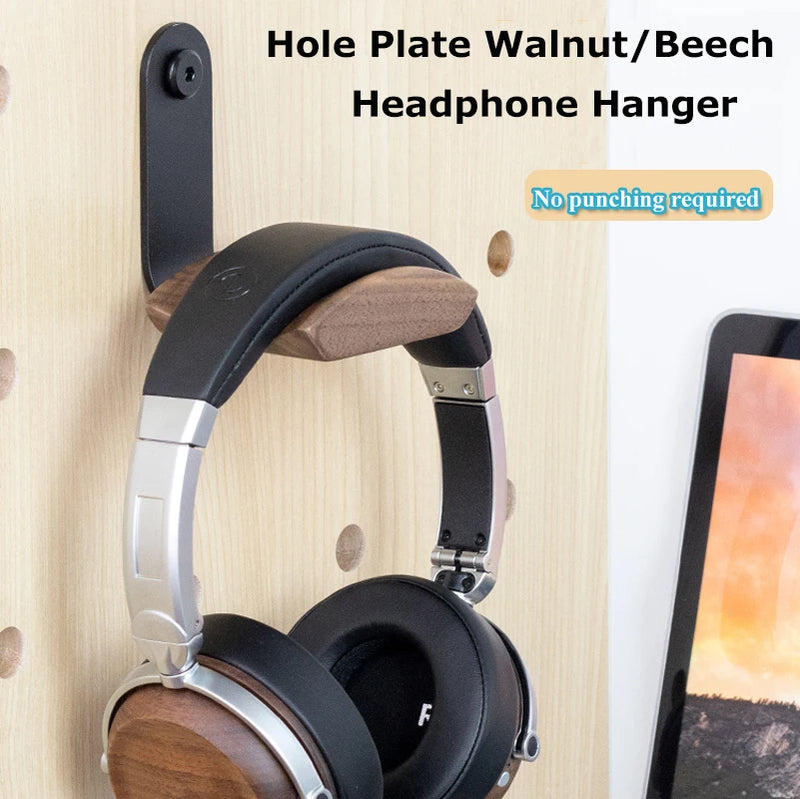 Universal Headphone Stand Solid Walnut/Beech Wood +Aluminum Alloy Headphones Hanger Hole Plate Gaming Headset Holder No Punching