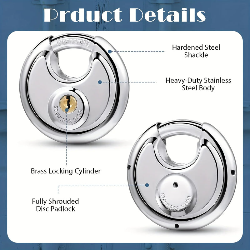 1/2/3PCS 60mm Waterproof Stainless Steel Disc Lock With Key With 3/8-Inch Shackle Outdoor Padlock For Storage Unit