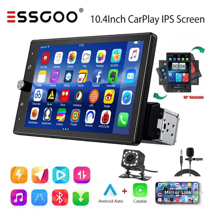 ESSGOO 10.4" Car Stereo Single DIN Wireless CarPlay Android Auto Rotatable Touch Screen Bluetooth GPS Nav Radio Player Head Unit
