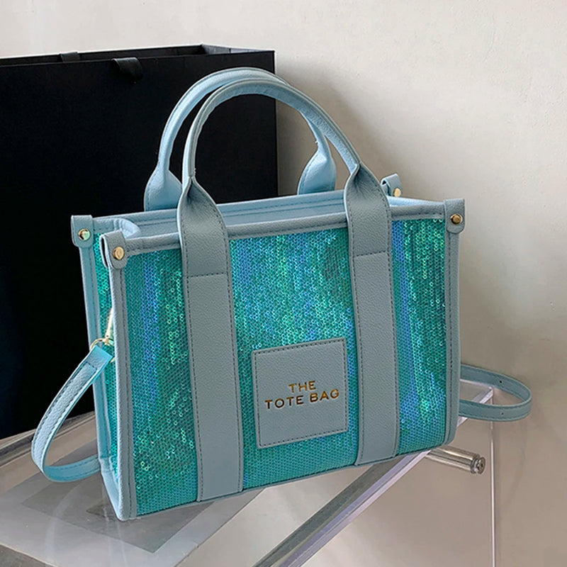 Women Party Tote Bag PU Leather Sequins Top-Handle Bags Casual Fashion Shiny Portable Adjustable Straps Shopper Tote Purse