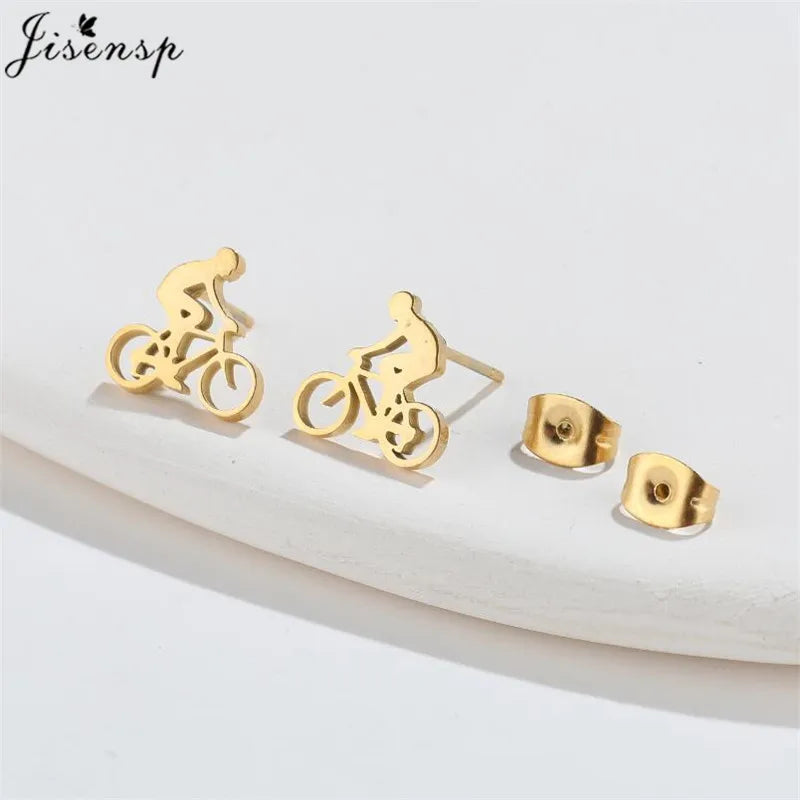 Jisensp Tiny Bike Bicycle Earrings for Women Fashion Silver Color Fitness Sport Stud Earrings Piercing Ear Jewelry Gift Friends