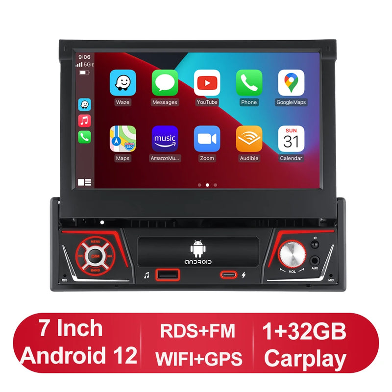 1 din Car Radio Android Carplay Auto Universal 7" IPS Retractable Screen gps Navigation 1Din Android 12 Multimedia Video Player