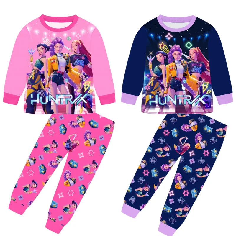 2pcs Movie K-pops Demons Hunters Kawaii Pajamas Set Girl Cosplay Nightwears Anime Long Sleeve tops+Pants Fans Halloween Gift