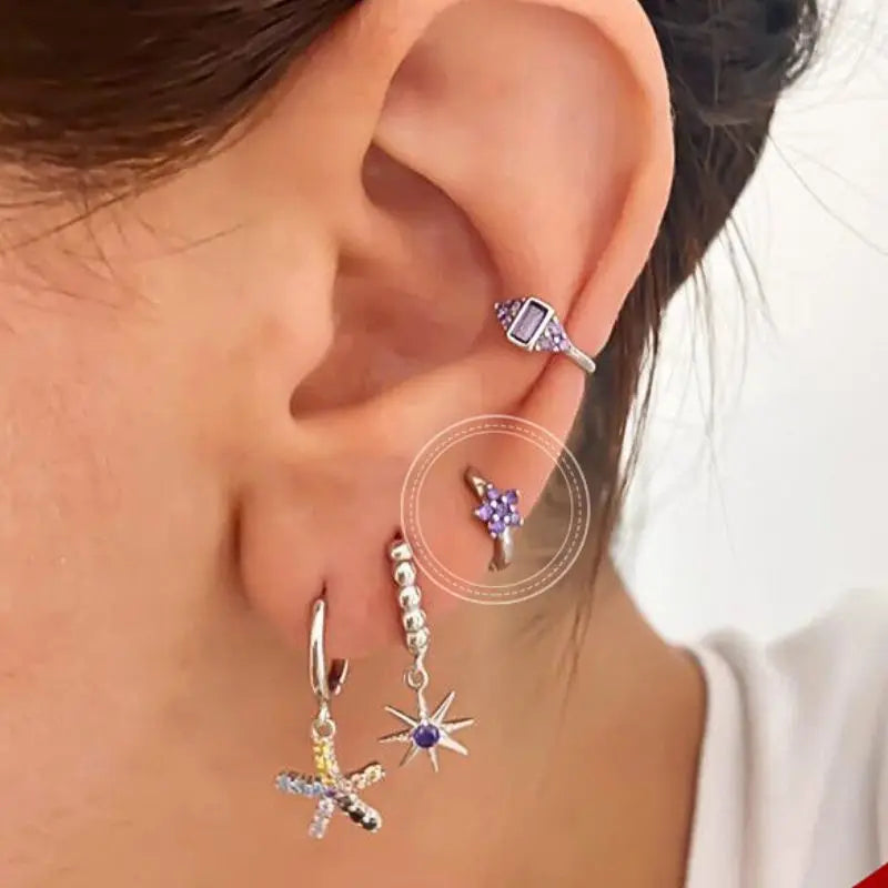 925 Sterling Silver Needle Luxury Purple Crystal Heart Stud Earrings for Women Geometry Cross Pendant Earrings Fashion Jewelry