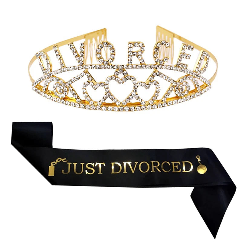 Black Gold Just Divorced Sash Tiara Crown Headband for Women Happy Divorce Party Decoration Supplies Favor Gifts